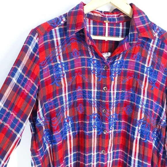 Free People Magical Plaid Embroidered Oversized Flannel Top Size Small New - Picture 3 of 8
